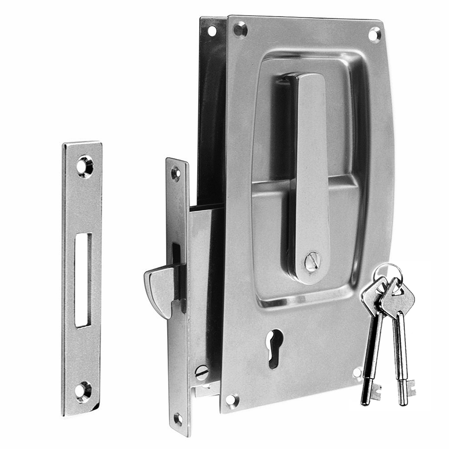 ~ Pocket Sliding Door Lock with Skeleton Keys and strike. For 1 inch thick doors. Stainless Steel and Brass