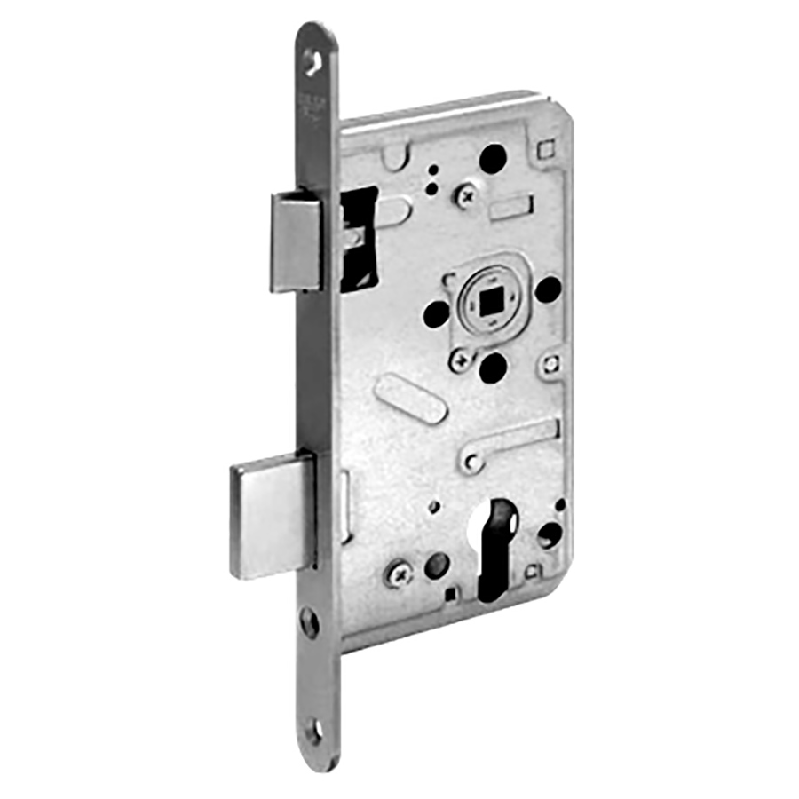 Wilka Entry Mortise Lock 60 mm backset. Satin Stainless Steel Face Plate. Steel Parts.