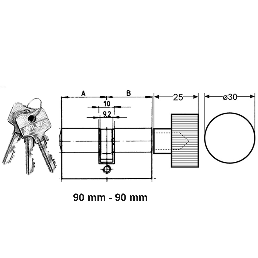 Profile cylinder 90/90 mm key/knob. Max door thickness: 4 1/2 inch