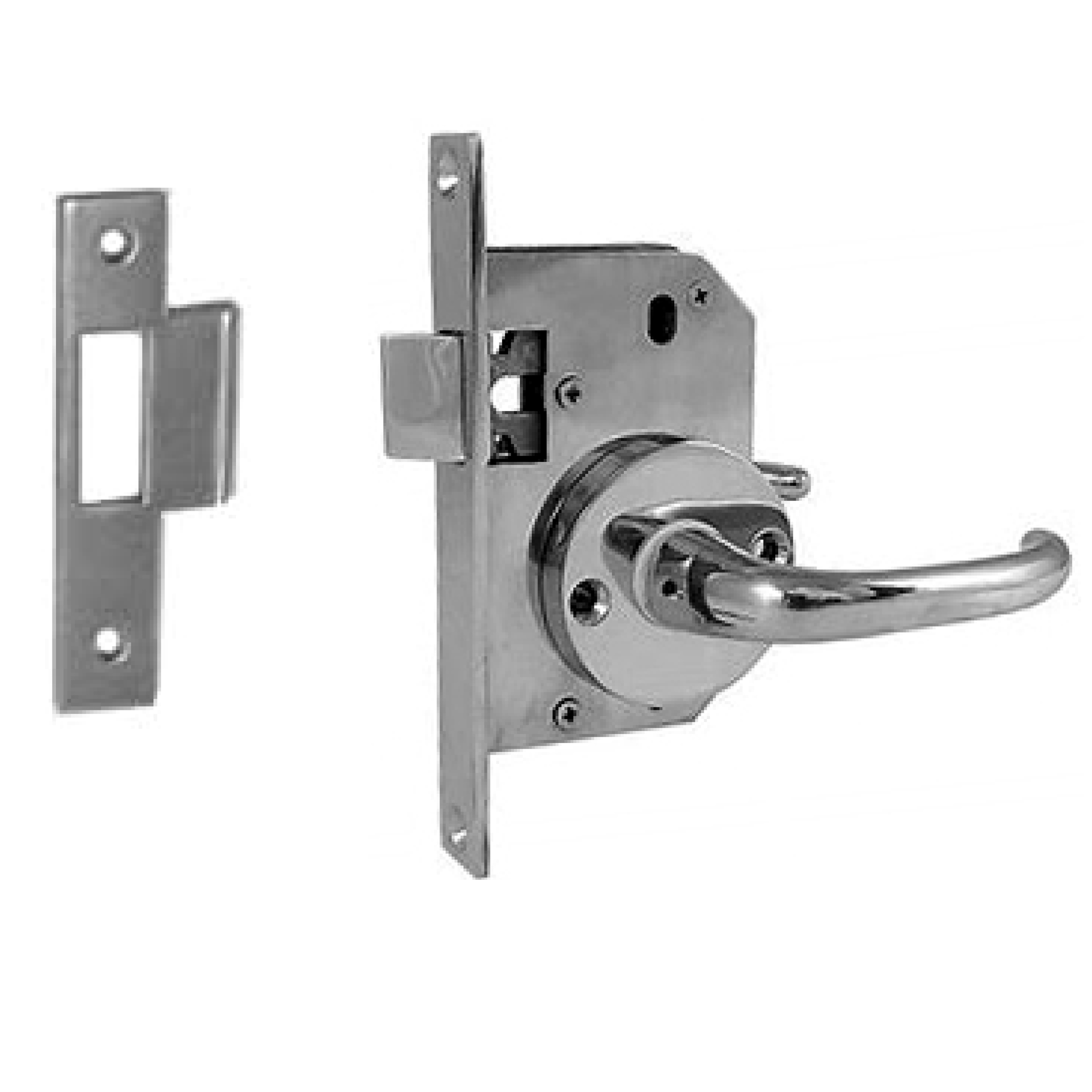 Door Lock with 40 mm Backset. SET with Passage Function. Polished Stainless Steel