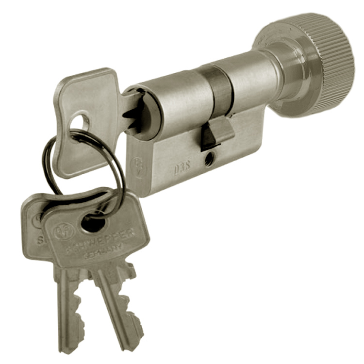 Profile cylinder  30/30mm key/knob Satin Nickel. Max door thickness: 1 3/4 inch