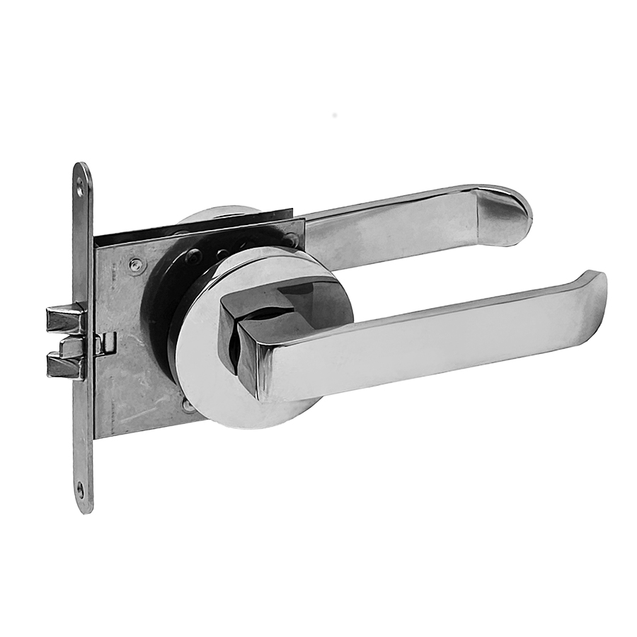 Door Lock 50 mm backset. Passage function. Set for thin doors of less then 1 inch or 25 mm with stainless steel semi flush levers with spring loaded roses