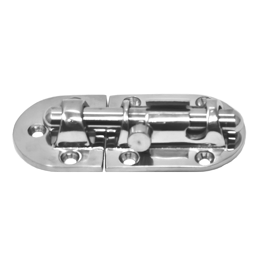 Transom bolt / barrel bolt 3 1/2 x 1 1/2 inch; 316 stainless steel Overall: 89 X 39 X 17 mm; 4 3/8"” x 1 12" x 3/4"; Throw: 1”