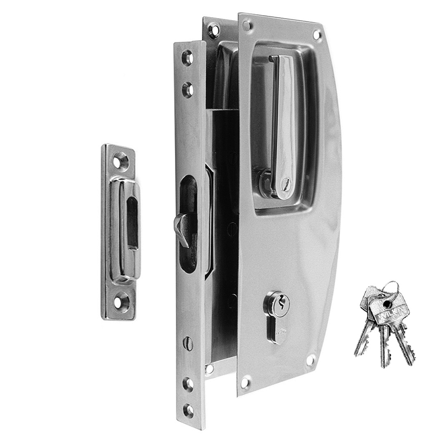 ~ Pocket Sliding Door Lock with Profile Cylinder Key and Strike. For 1 1/2 inch thick doors. Stainless Steel and Brass