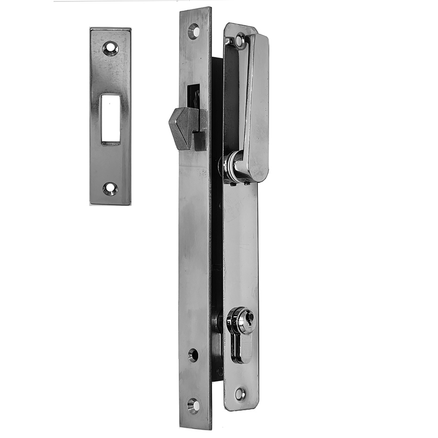 Sliding Door Lock with 22 mm backset. For Narrow Style Framed Doors. Minimum Door Thickness 1 1/2 inch. Complete Set