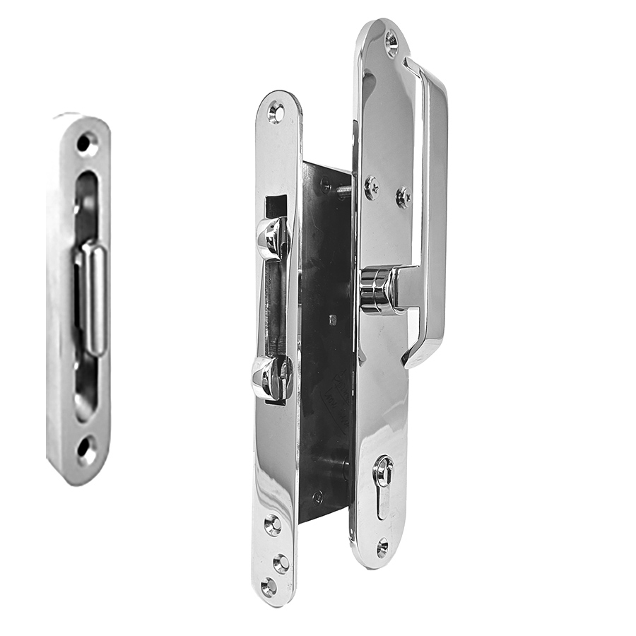 Pocket Sliding Door Lock 55 mm Backset. Heavy Duty, With Profile Cylinder. Heavy Minimum Door Thickness 1 3/4 inch or 45 mm.