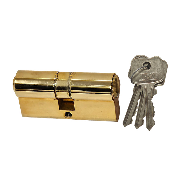 Profile cylinder 30/30mm key/key polished gold plated. Max Door thickness: 1 1/2 Inch