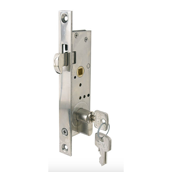 Sliding Door Lock with 22 mm backset. Minimum Door Thickness 1 inch. For Small Doors. Minimum Door Thickness 1 inch. Locking through Profile Cylinder