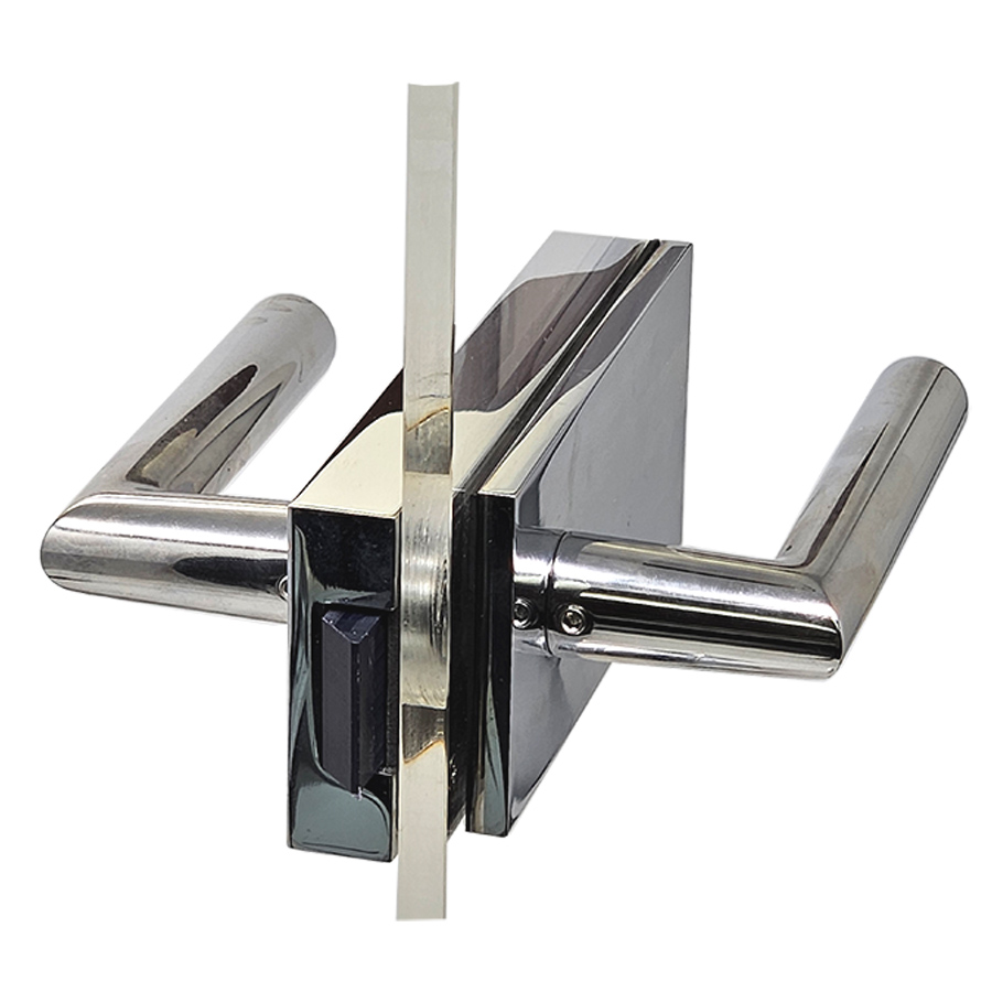 - Set Glass Door Latch. Backset 2 inch with Strike Box and L Shape Levers for full size exterior 3/8 to 1/2 inch glass