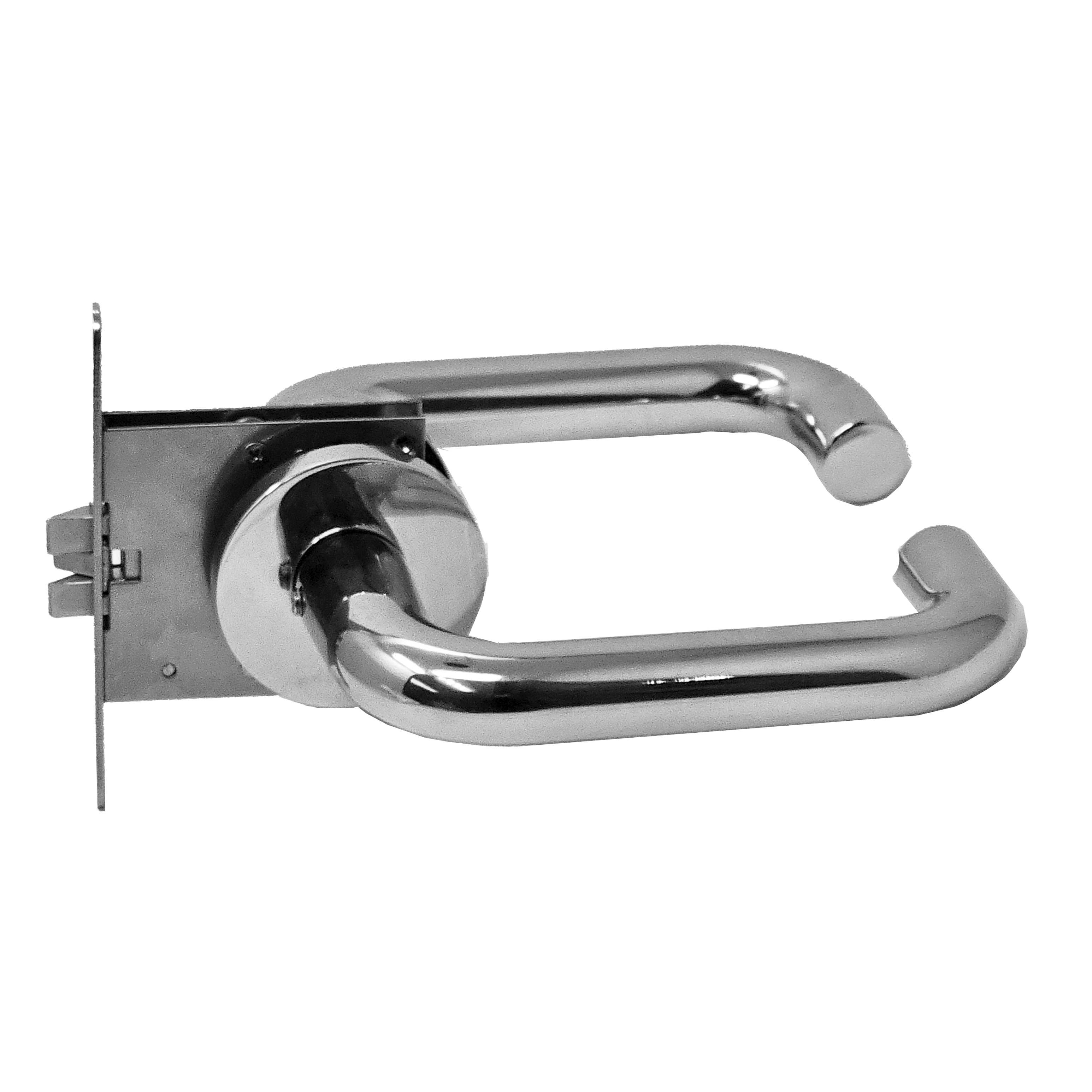 Door Lock 50 mm backset. Passage function. Set for thin doors of less then 1 inch or 25 mm with stainless steel levers with spring loaded roses