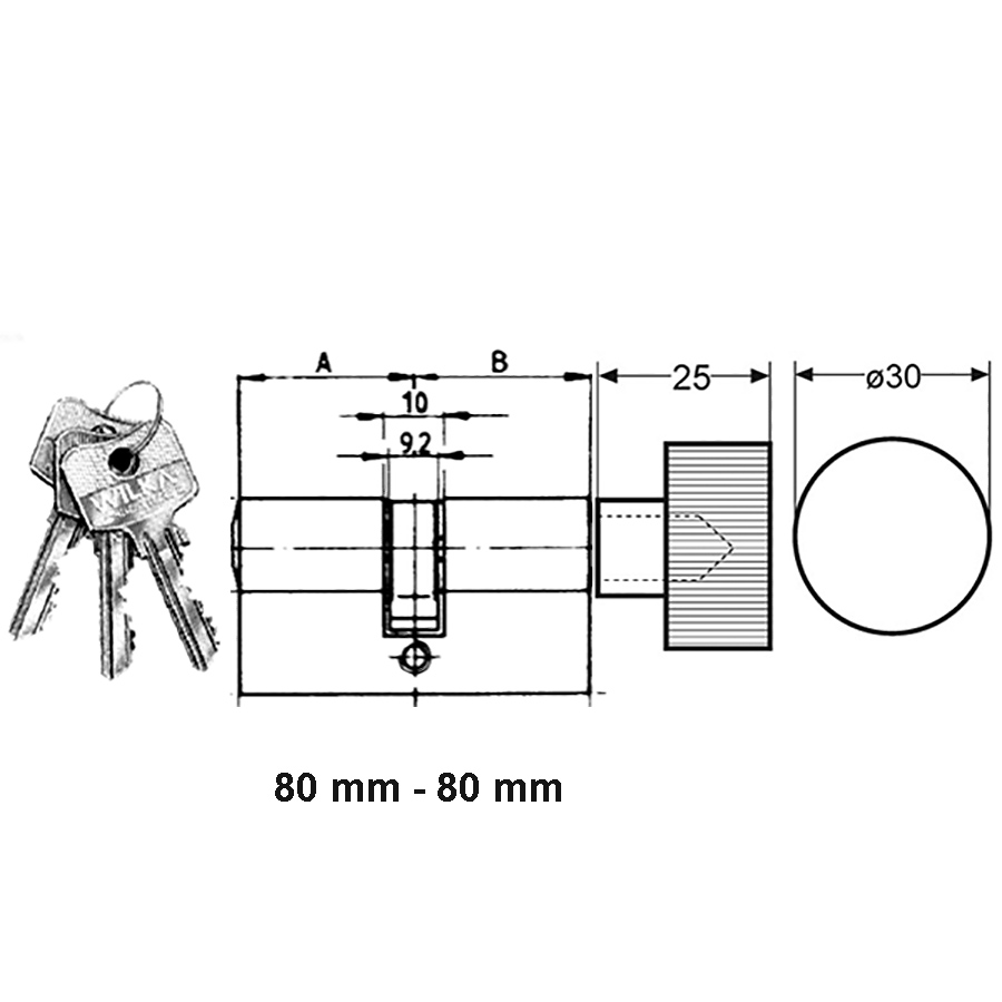 Profile cylinder 80/80mm key/knob. for max. door thickness 3 3/4 inch