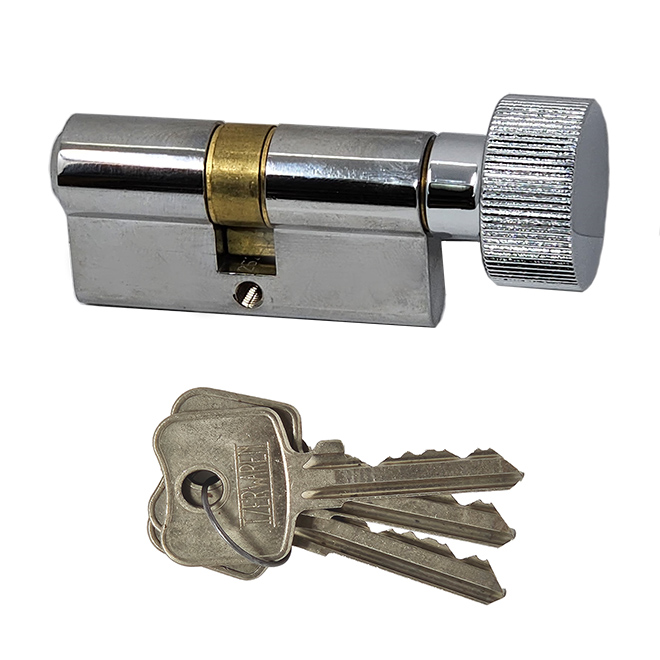 . Profile cylinder 30/30mm key/knob. Polished Chrome Max. door thickness: 1 1/2 inch